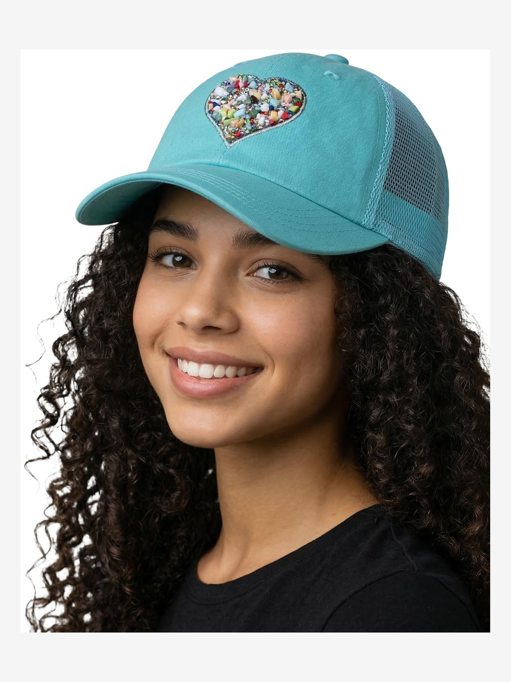 Distressed Mesh Low Profile Trucker Hat | Mixed Stone Heart (Mint) | Size OS